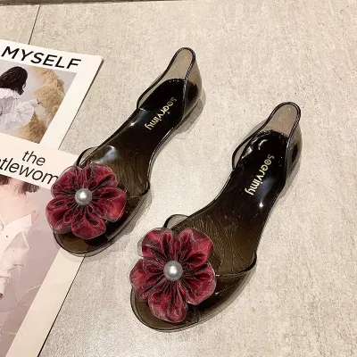 FLOWER PEARL FISH MOUTH FLAT SHOES 